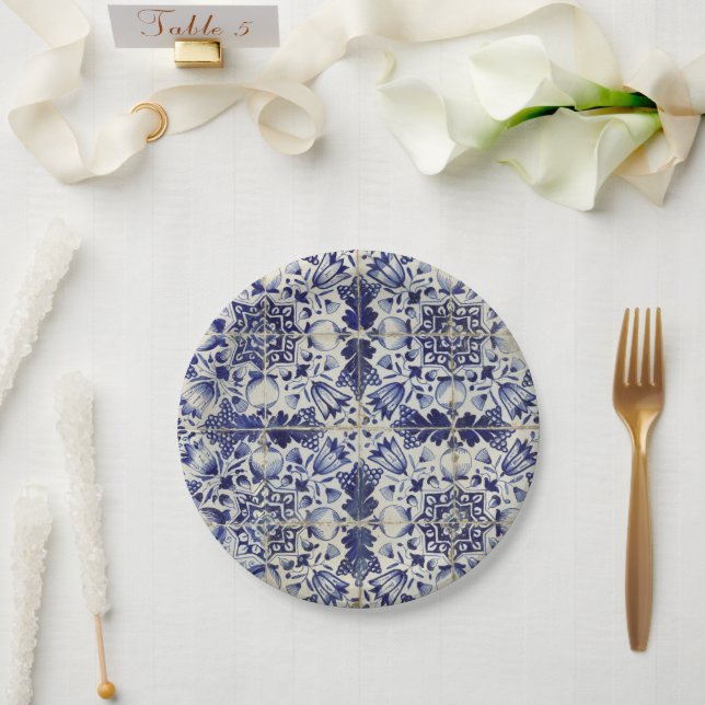 Vintage Geometric Blue White Tile Pattern  Paper Plates (Wedding)