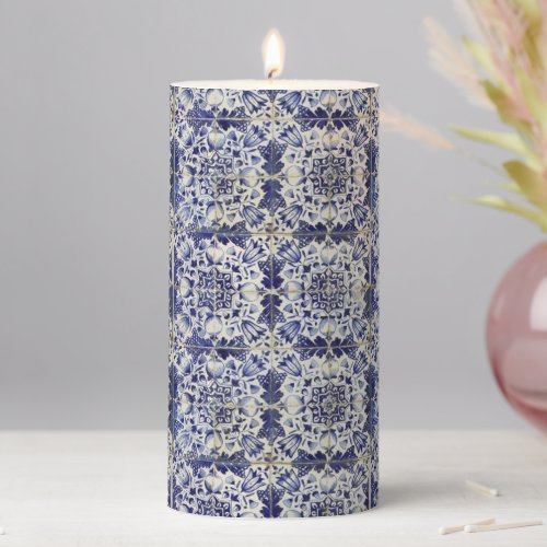 Vintage Geometric Blue White Tile Pattern Pillar Candle
