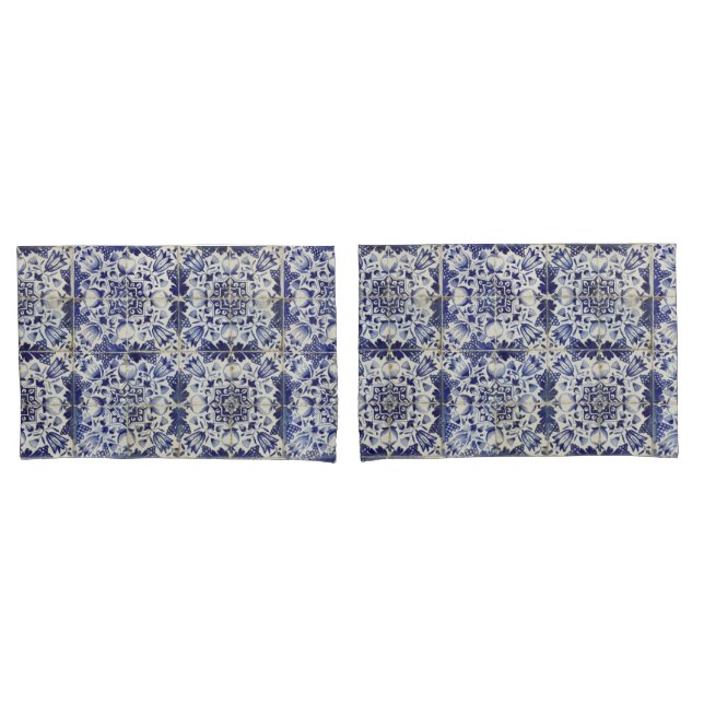 Vintage Geometric Blue White Tile Pattern  Pillow Case (Front-Set)