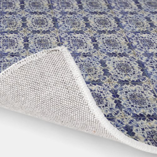 Vintage Geometric Blue White Tile Pattern Rug