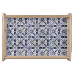 Vintage Geometric Blue White Tile Pattern  Serving Tray