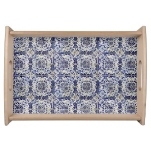 Vintage Geometric Blue White Tile Pattern  Serving Tray