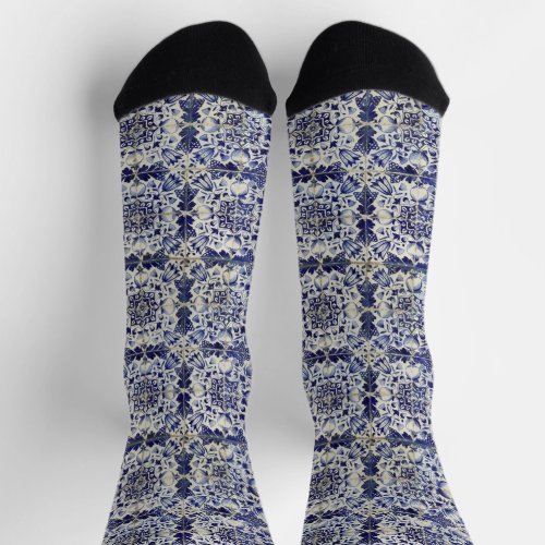 Vintage Geometric Blue White Tile Pattern Socks