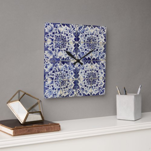 Vintage Geometric Blue White Tile Pattern Square Wall Clock
