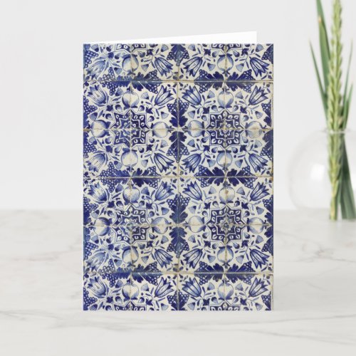 Vintage Geometric Blue White Tile Pattern Thank You Card