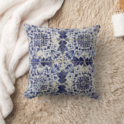 Vintage Geometric Blue White Tile Pattern Throw Pillow