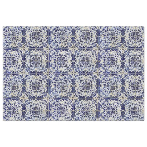 Vintage Geometric Blue White Tile Pattern Tissue Paper