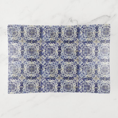 Vintage Geometric Blue White Tile Pattern Trinket Tray
