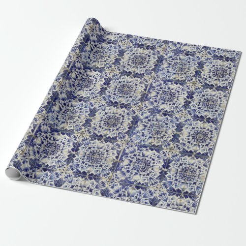 Vintage Geometric Blue White Tile Pattern Wrapping Paper
