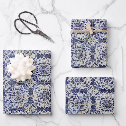 Vintage Geometric Blue White Tile Pattern  Wrapping Paper Sheets