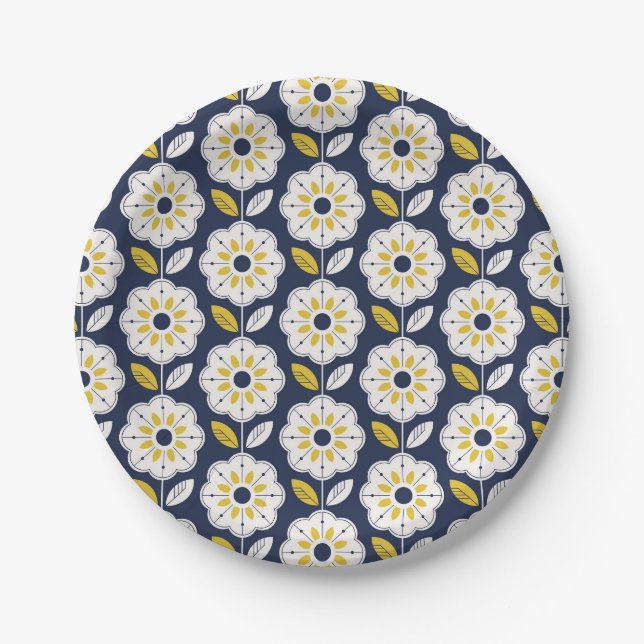Vintage Geometric Flower Pattern Paper Plates (Front)