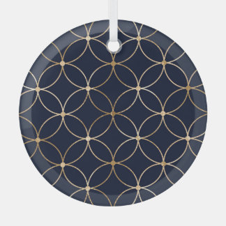 Vintage Geometric: Gold Blue Abstract Glass Ornament
