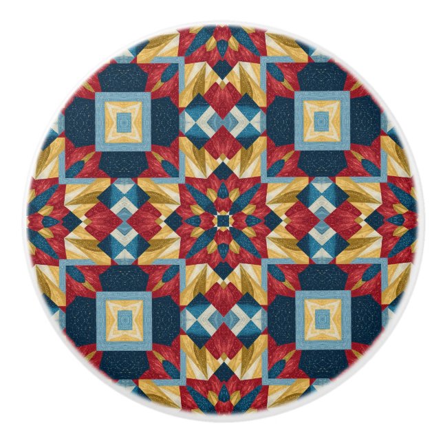 vintage Geometric Quilt Block Art Pattern  Ceramic Knob (Front)