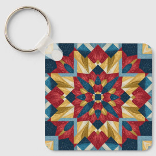 vintage Geometric Quilt Block Art Pattern Keychain