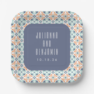 Vintage Geometric Tiles Motif Blue Wedding Custom Paper Plates