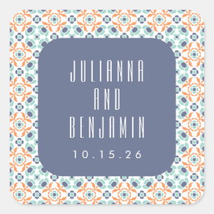 Vintage Geometric Tiles Motif Blue Wedding Custom Square Sticker