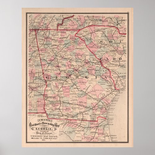 Vintage Georgia Railroad Map 1878 Poster