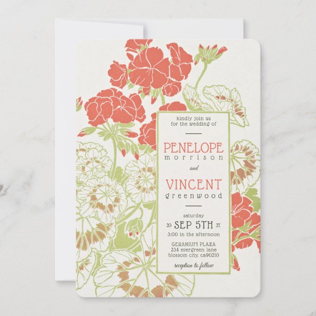 Vintage Geranium Frame Letterpress Style Wedding Invitation (Front)