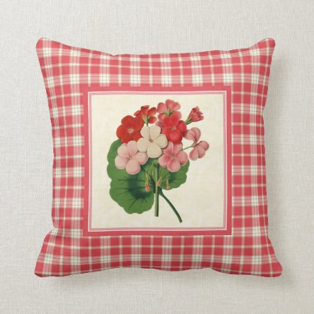 Vintage Geraniums With Coral Pink Plaid Pattern Throw Pillow