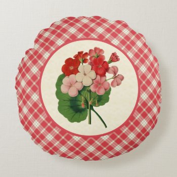 Vintage Geraniums With Pink Plaid Round Pillow by plaidwerx at Zazzle
