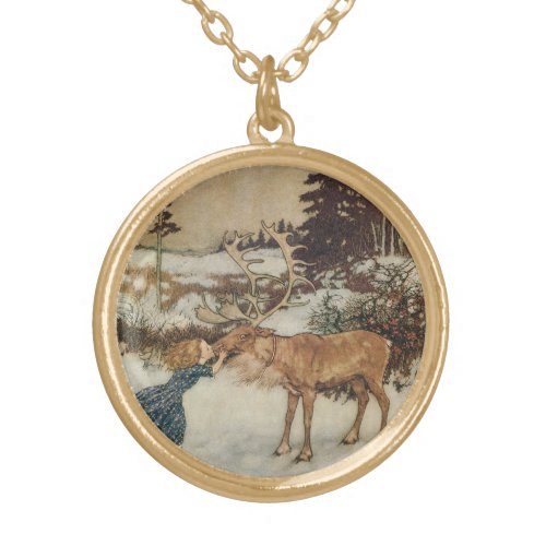 Vintage Gerda and the Reindeer by Edmund Dulac Gold Plated Necklace