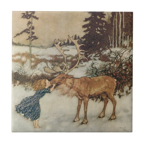 Vintage Gerda and the Reindeer by Edmund Dulac Tile