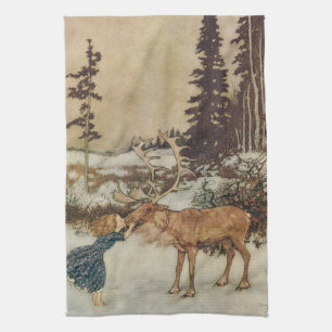 Vintage Gerda and the Reindeer by Edmund Dulac Towel