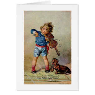 Vintage German - Boy with Violin & Dachshund,