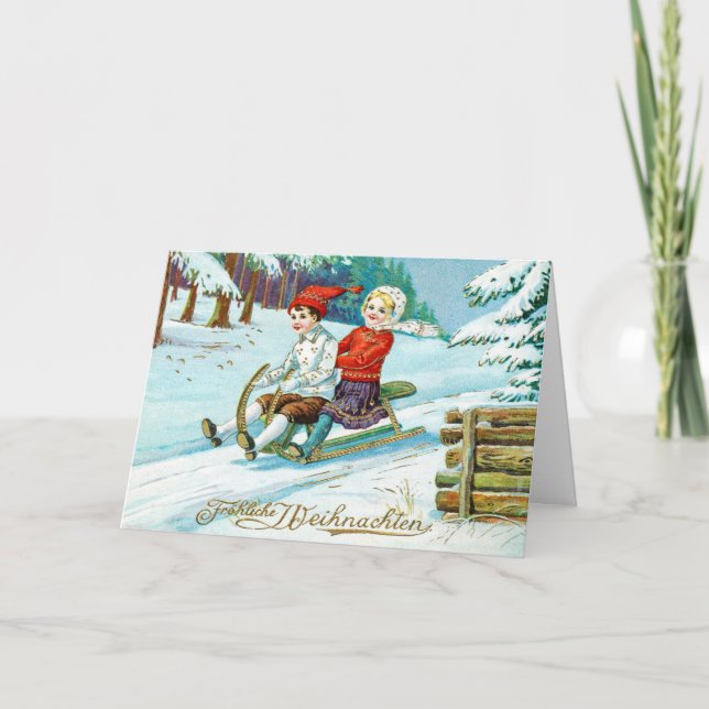 Vintage German Children Sledding Christmas Card (Front)