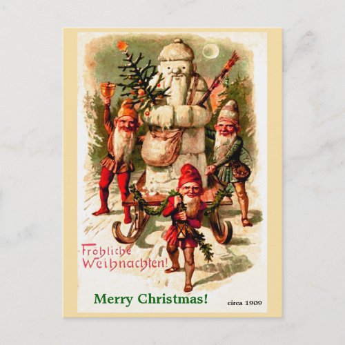 Vintage German Christmas Gnomes and Santa Snowman Holiday Postcard