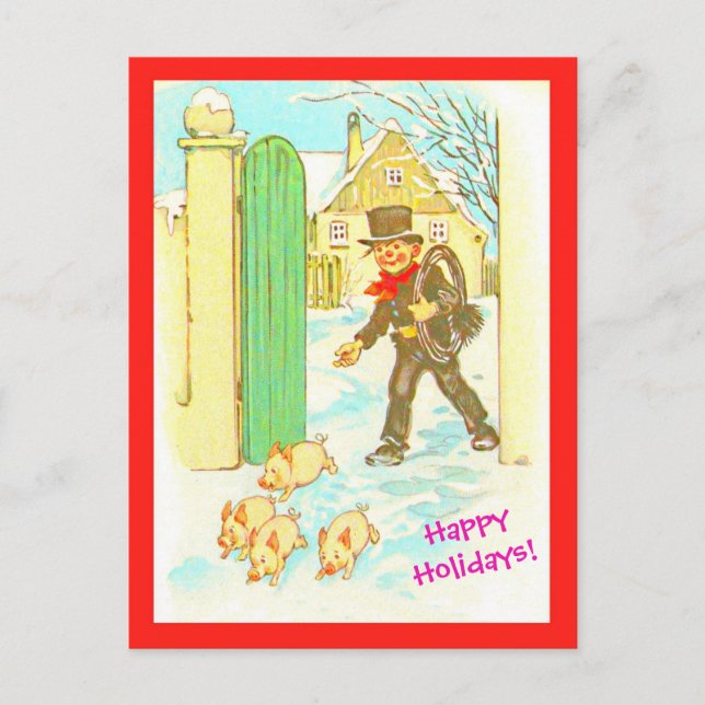 Vintage German Christmas Postcard copy Boy & Pigs (Front)