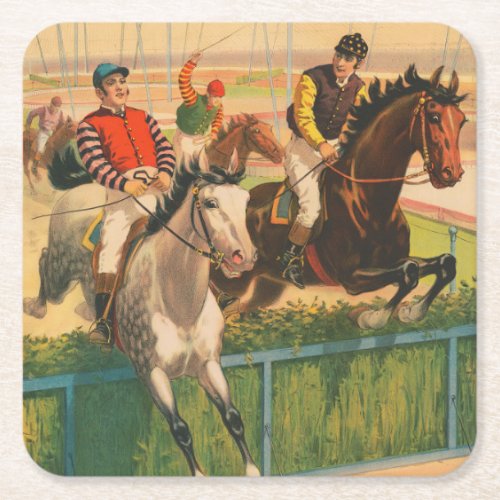 Vintage German Circus Poster Of Jockeys On Horses Square Paper Coaster