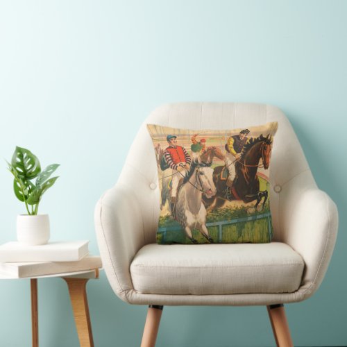 Vintage German Circus Poster Of Jockeys On Horses Throw Pillow