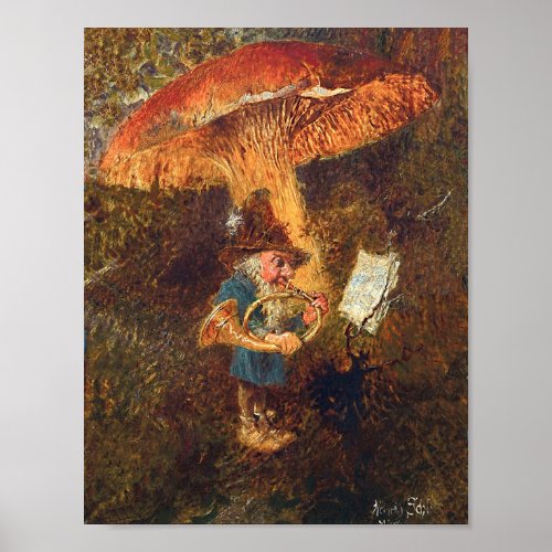 Vintage German Gnome Playing Horn Under a Mushroom Poster