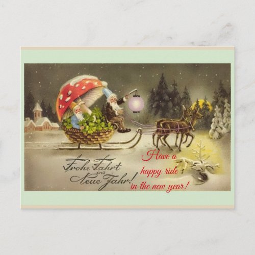 Vintage German New Year Elves Mushroom Postcard
