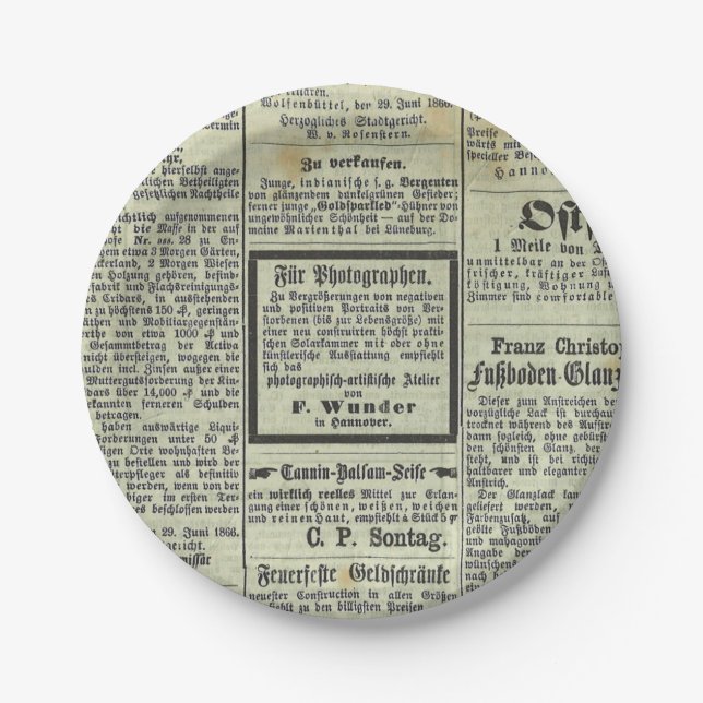 Vintage German newspaper paper plate (Front)