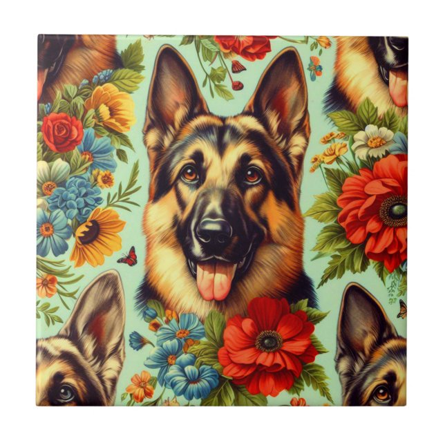 Vintage German Shepherd Floral Ceramic Tile (Front)