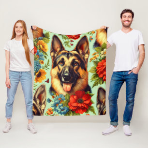 Vintage German Shepherd Floral Fleece Blanket