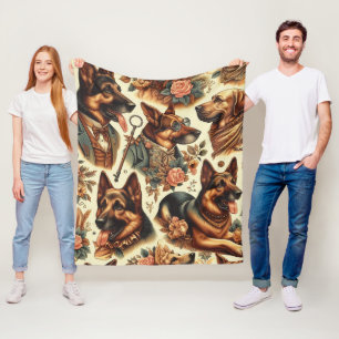 Vintage German Shepherd Illustration Fleece Blanket