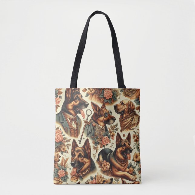 Vintage German Shepherd Illustration Tote Bag (Front)