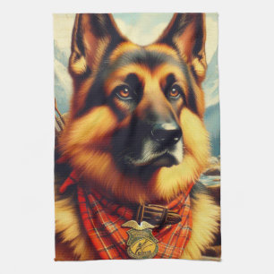 Vintage German Shepherd Painting Kitchen Towel