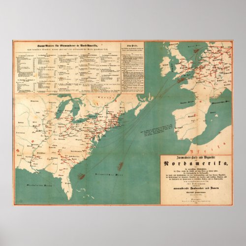 Vintage German US Immigration Map 1853 Poster