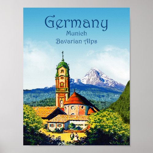 Vintage Germany Munich Bavarian Alps Travel Poster