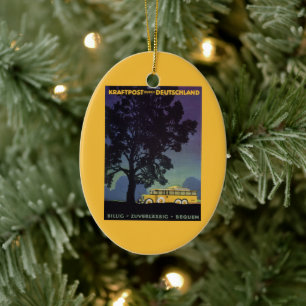 Vintage Germany, Yellow Bus at Night, Travel Art Ceramic Ornament