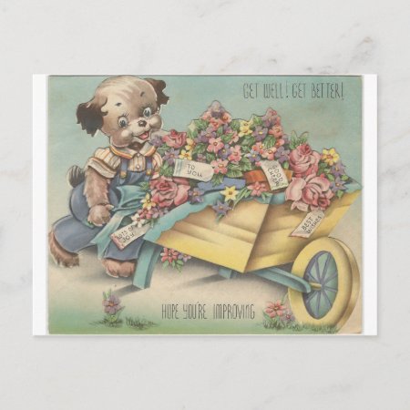Vintage Get Well Dog With Wheelbarrow Postcard