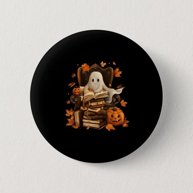 Vintage Ghost Book Reading Pumpkin Gothic Hallowee Button (Front)