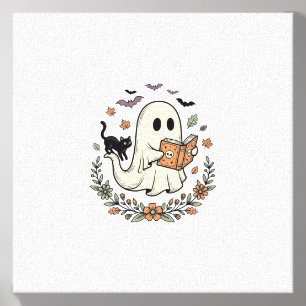 Vintage Ghost Cat Halloween Floral Vector Design_1 Canvas Photo Tile
