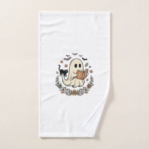 Vintage Ghost Cat Halloween Floral Vector Design_1 Hand Towel