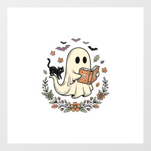 Vintage Ghost Cat Halloween Floral Vector Design_1 Window Cling