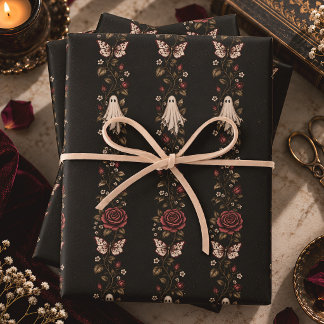 Vintage Ghost Rose Butterfly Gothic Halloween Wrapping Paper Sheets